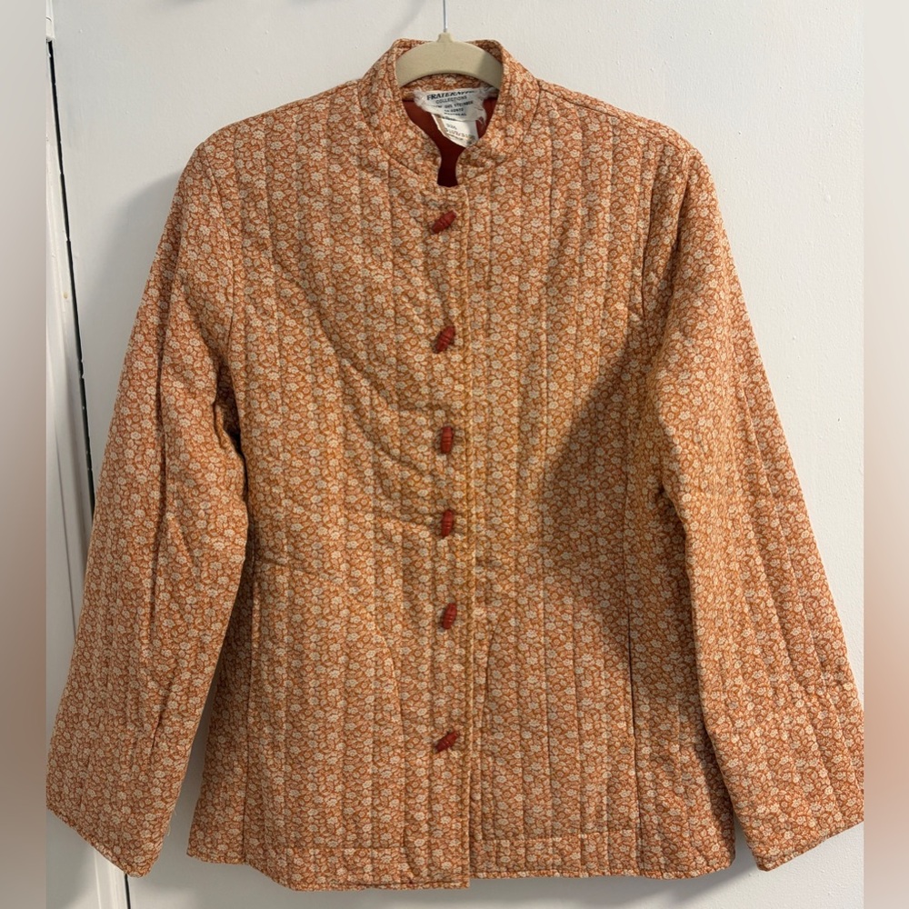 Vintage Orange & WhiteQuilted Floral Stand-Collar Jacket